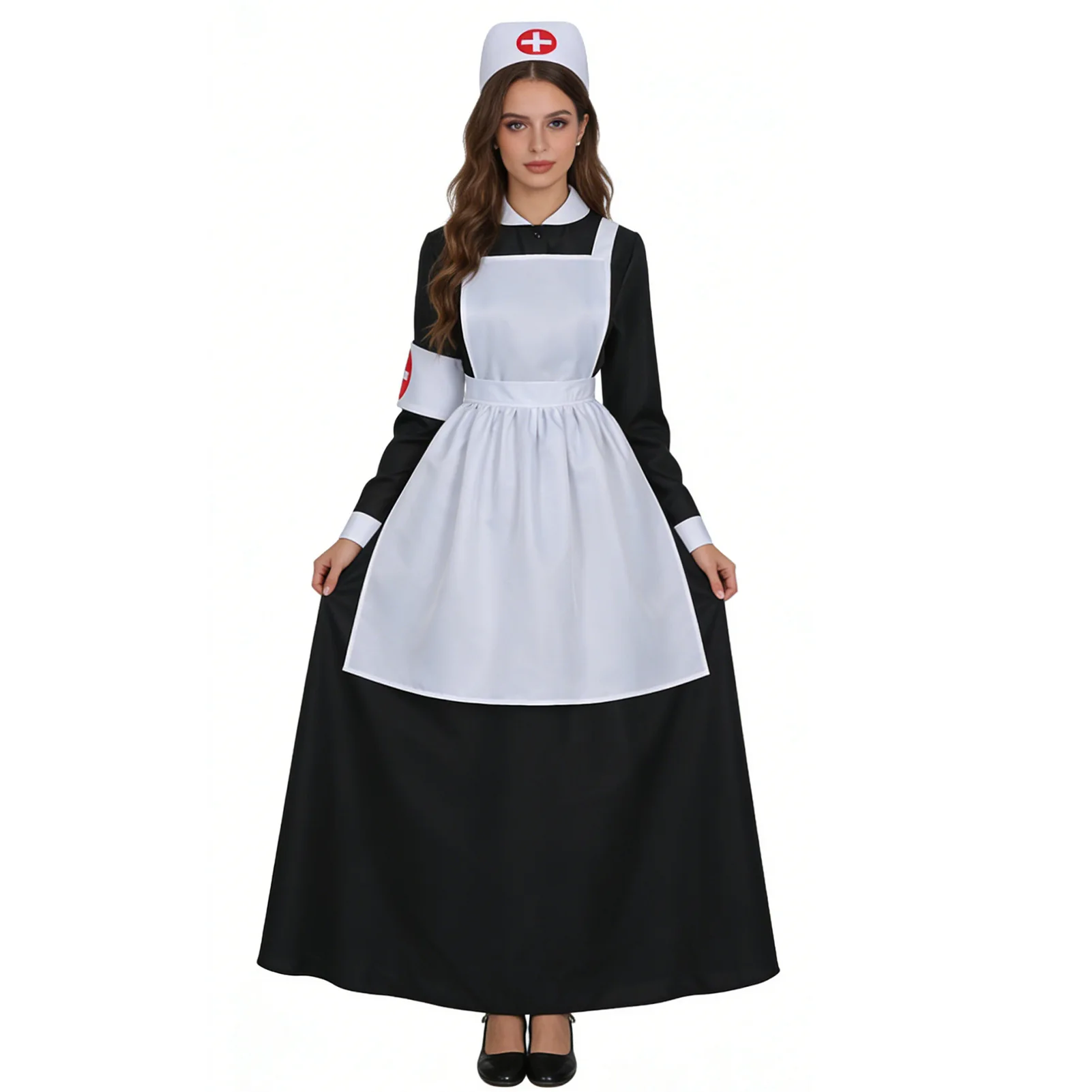 

Historical Victorian Colonial Civil War Nurse Maid Dress with Apron Women Long Sleeve Dress Halloween Carnival Party Costume