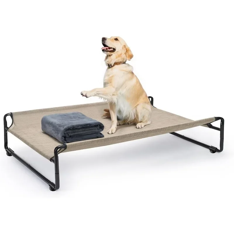 Large Elevated Dog Bed with Flannel Dog Blanket, Outdoor Guardrail Raised Pet Cot for Large Dogs