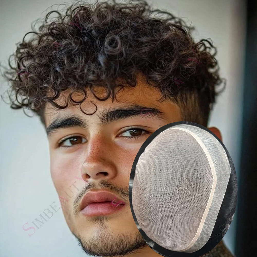 Breathable18mm/20mm Curly Afro Men's Capillary Prothesis Man's Toupee Human Hair System Durable Mono PU Toppers Natural Hairline