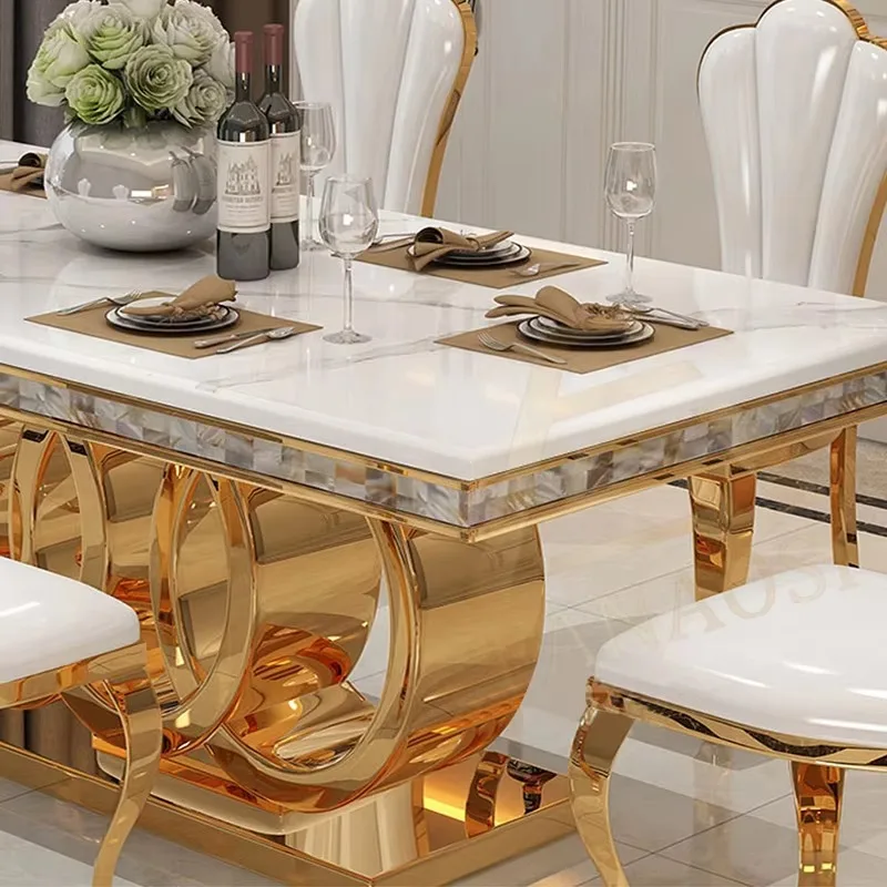 Rectangle dining table, marble countertop dining table, gold stainless steel dining table, household