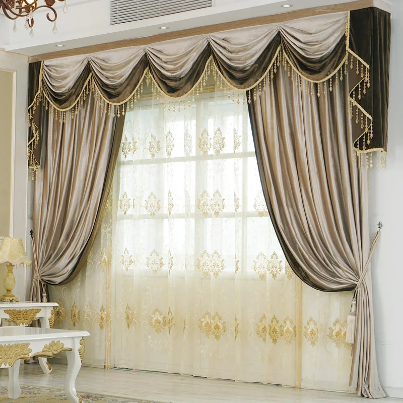 European Italian velvet curtains for living room bedroom high-end palace luxury color-blocking curtain head valacne customize