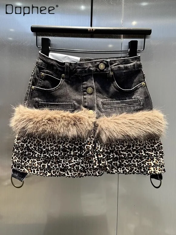 

Y2k Fur Splicing Denim Short Skirt Leopard Print High Waist A Line Tiered Skirt Spicy Girl Wrapped Hip Skirt Street Fashion