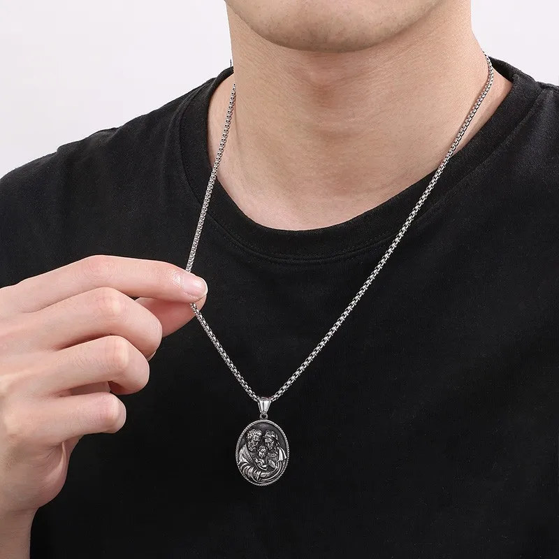 HAOYI Family Gathering Sacred Portrait Men's Necklace Stainless Steel Religious Charm Pendant Necklace's Retro Cultural Jewelry