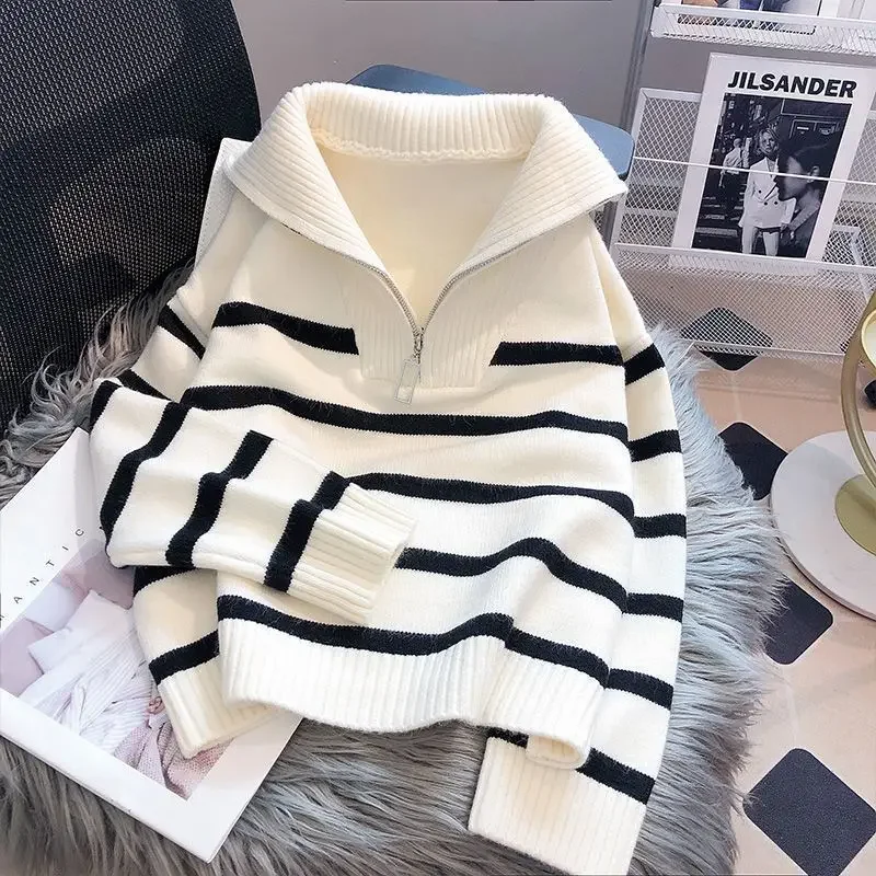 Women's Sweater Spring Autumn Thickened Inner 2024 New Stripe Base Knit Soft Supple Pullovers Fashionable and Wearable