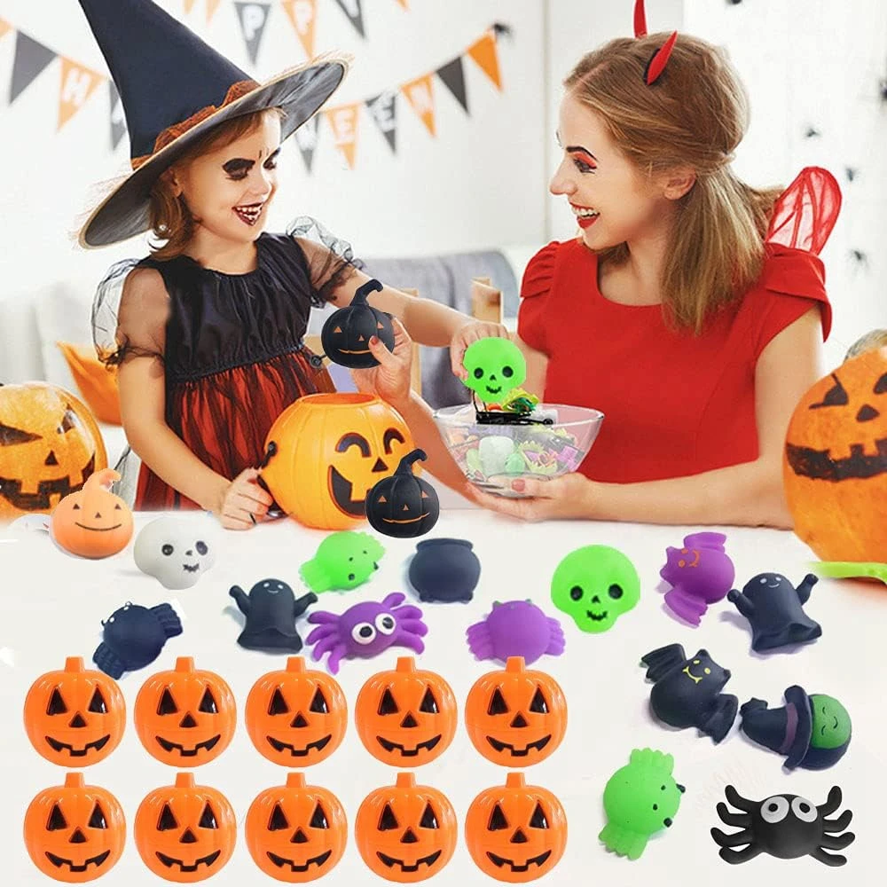 Halloween Toy 30PCS for Kids Adult Bat Pumpkin Random Mini Kawaii Mochi Squishy Squeeze Toy Party Favors with 10PCS Pumpkin Jars