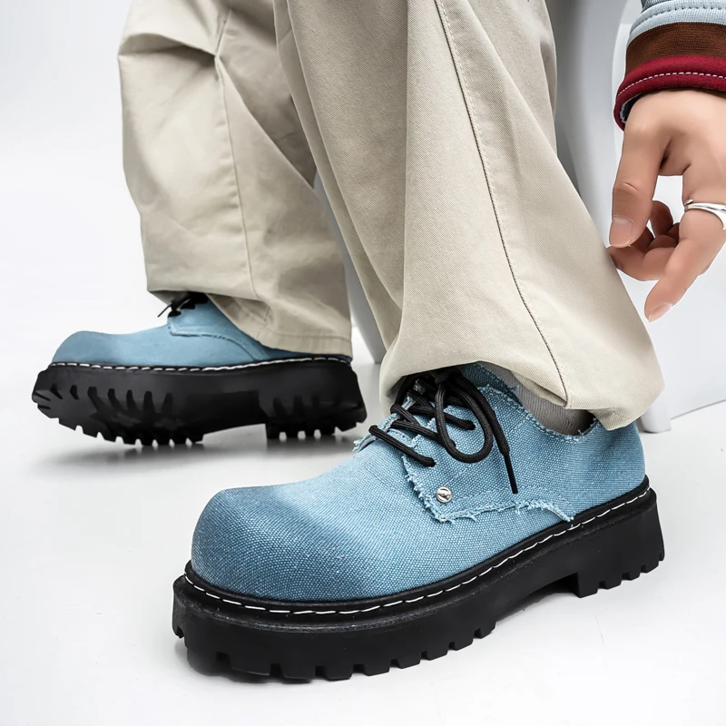 

Джинсовые парусиновые мужские туфли дерби, дизайнерская мужская повседневная кожаная обувь на платформе, уличная одежда, лоферы на шнуровке, мужская обувь mocassim masculino