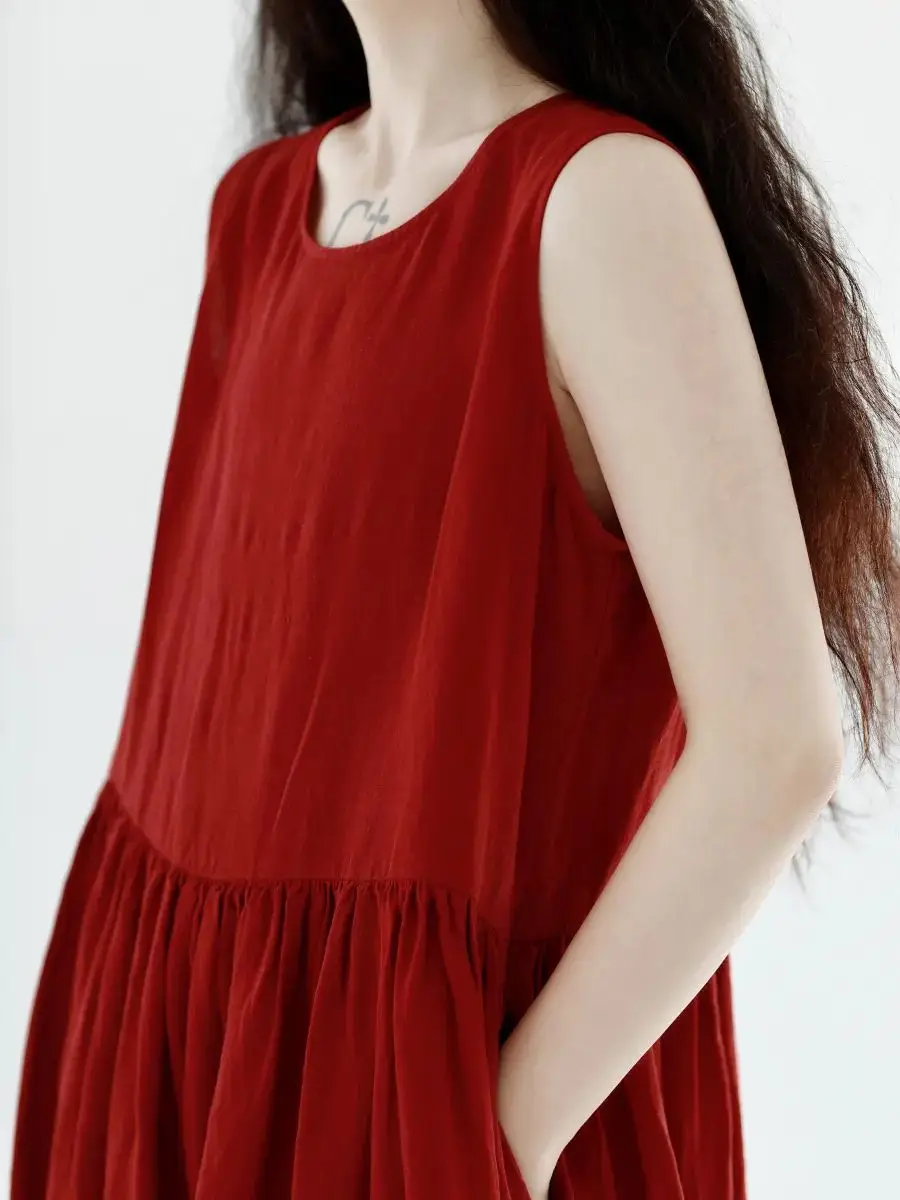 Solid 100% Cotton Red A Line Sleeveless Vest Long Dress Women Summer Elegant Casual Loose Vacation Seaside Sundress X1352