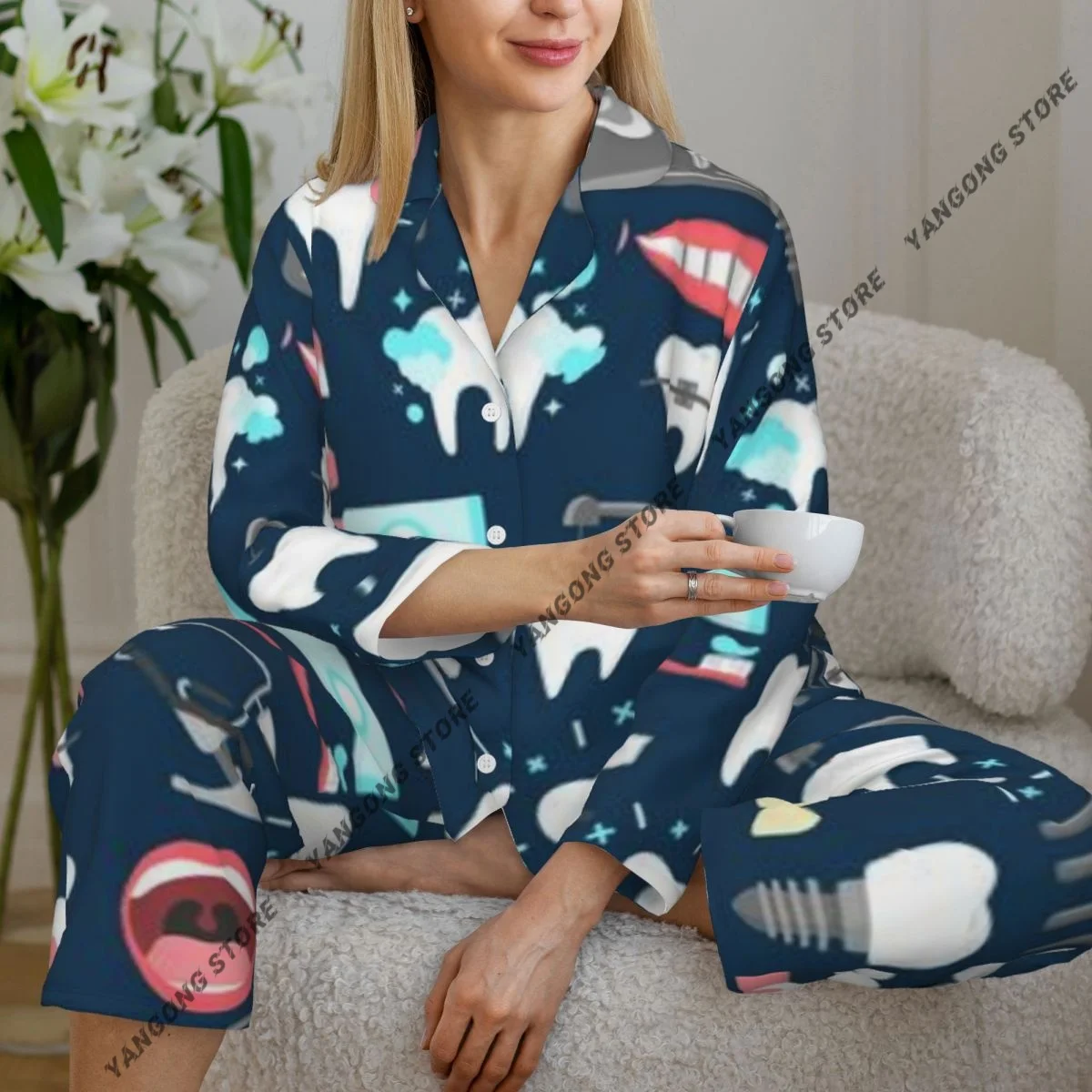 

Женская одежда для сна, домашняя одежда, рубашка с длинными рукавами и лацканами с зубным узором и брюки с эластичной резинкой на талии, пижамный комплект