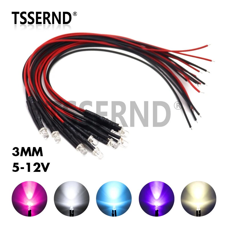 10 шт. 3 мм светодиод 5-12 В 20 см предварительно смонтированные белые, синие, красные, зеленые, желтые УФ-диодные лампы RGB, украшения, светоизлучающие диоды, предварительно припаянные