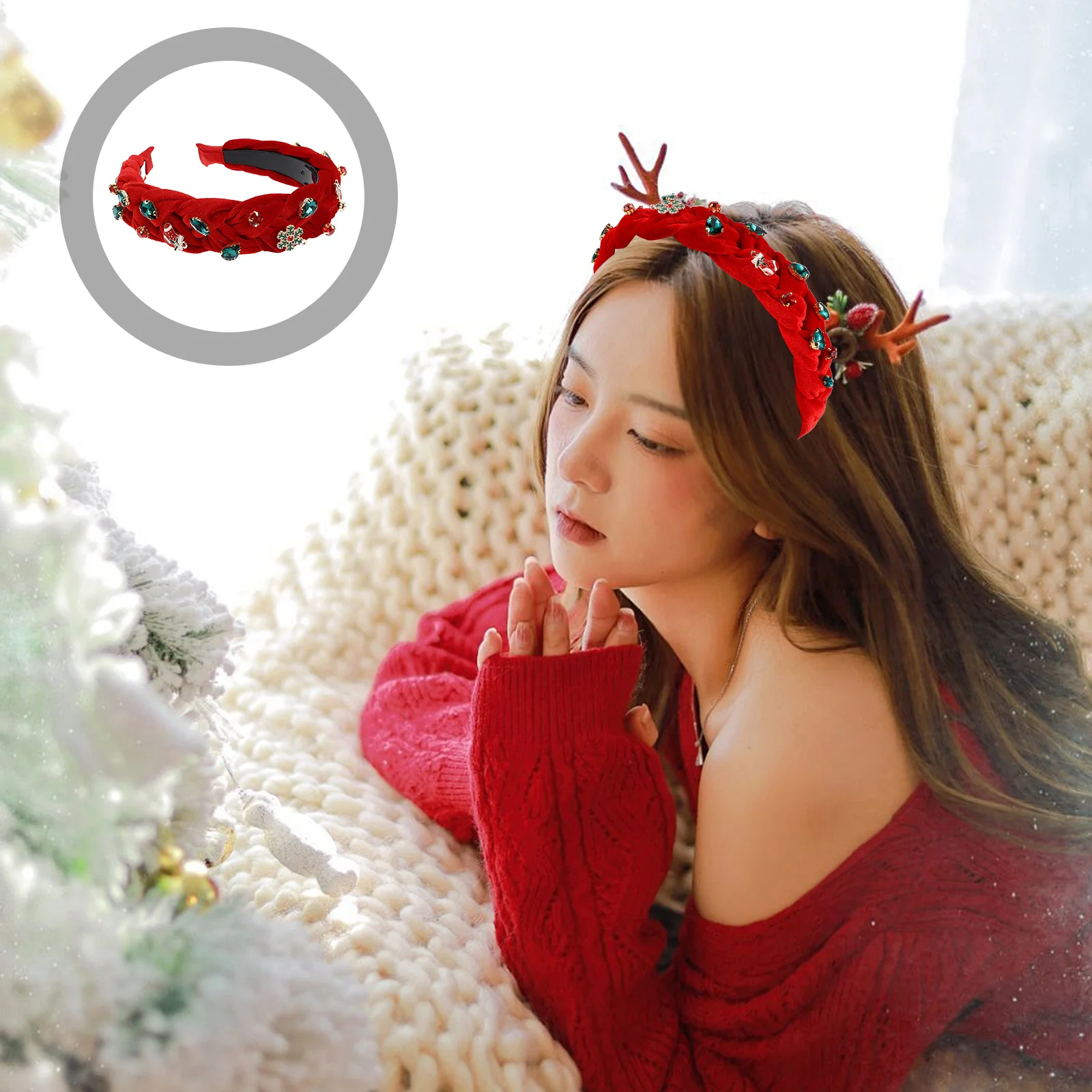 

Women Christmas Headband Wide Red Crystal Snowflake Sock Decorative Hair Hoop Holiday Party Accessory Rhinestone Festive Wear