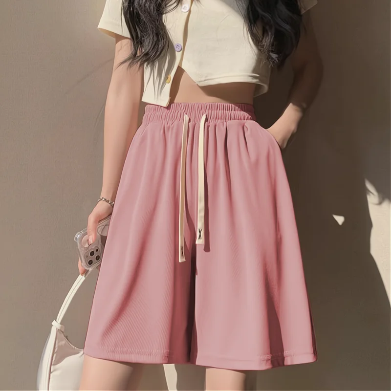 Women Summer Simplicity Loose Fashion Solid Color Ice Shreds High Waist Wide Leg Women Clothes Casual All-match Quarter Shorts