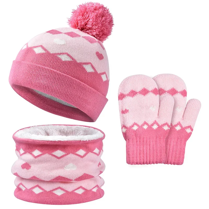 

4-6Y Autumn Winter Children Baby Knit Gloves Hat Scarf 3pcs Suit Outdoor Windproof Warm Velvet Kids Boy Girl Ring Muffler Hats