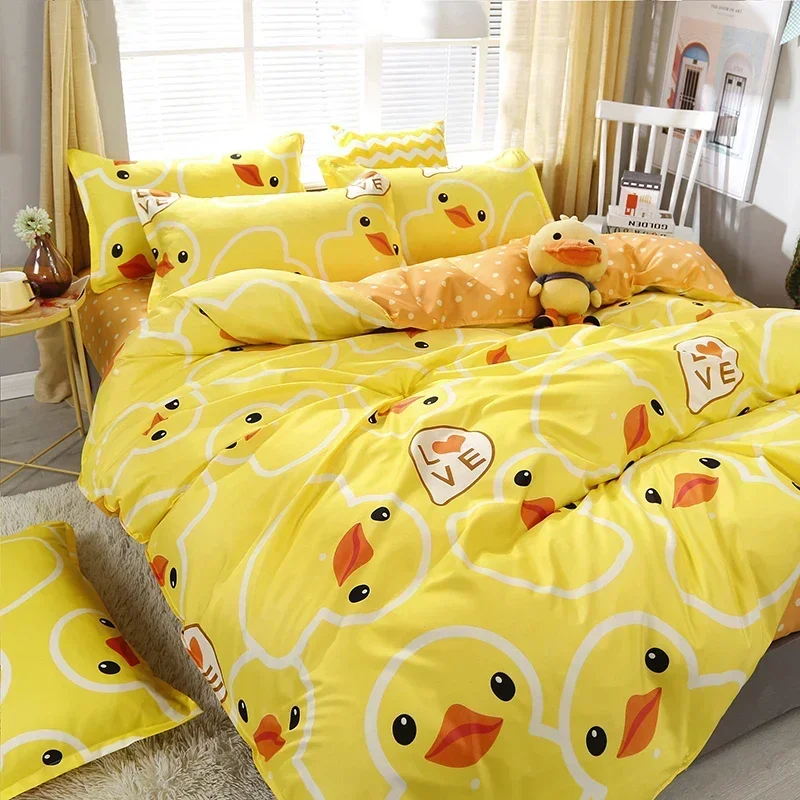 

High Quality Yellow Duck Cartoon Style Bedding Set Bed Linings Duvet Cover Bed Sheet Pillowcases Cover Set 4pcs/set 51