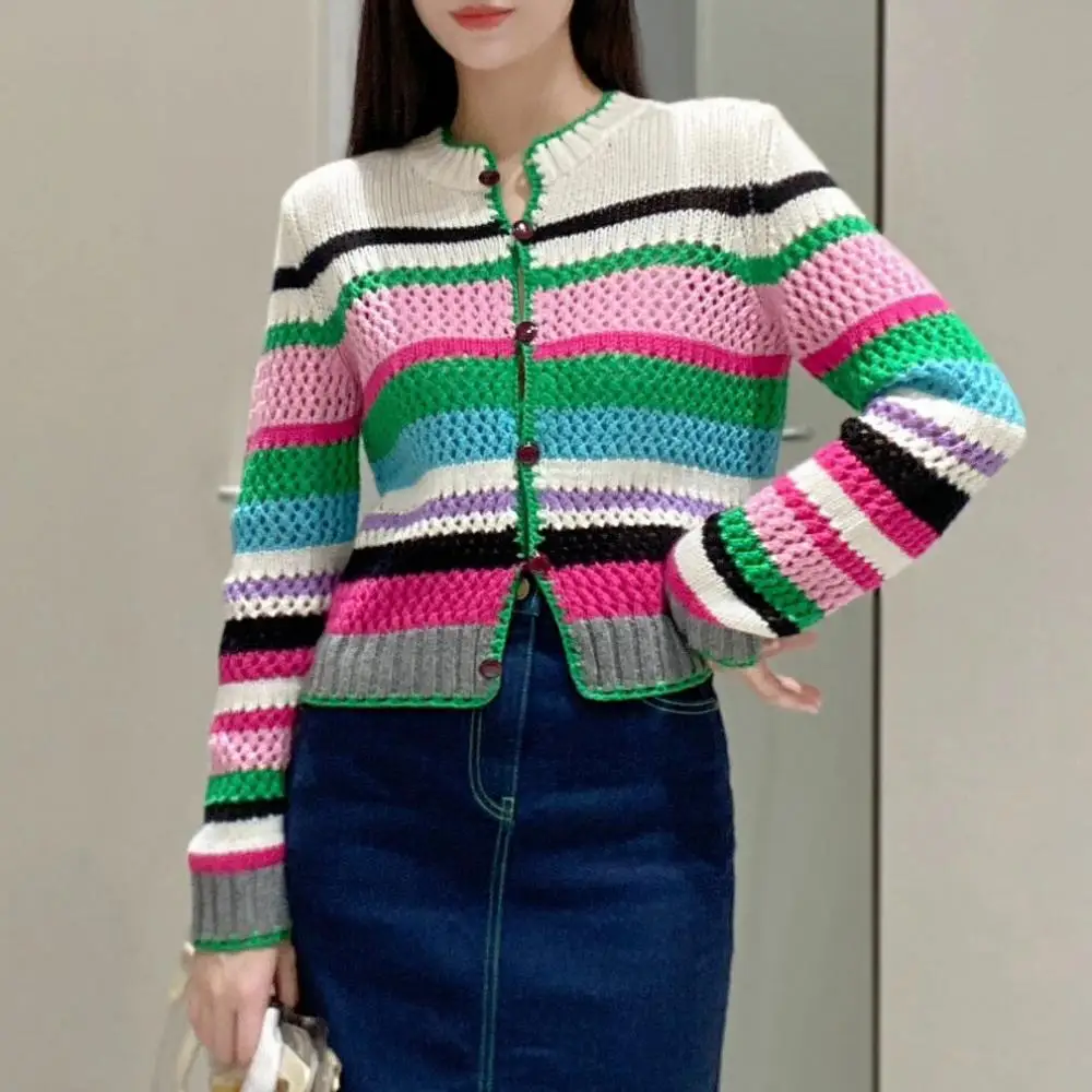 

High Quality Colorful Striped Round Neck Single Breasted Sweaters Slim Fit Long Sleeve Knitted Cardigan Women Top 2024 Spring