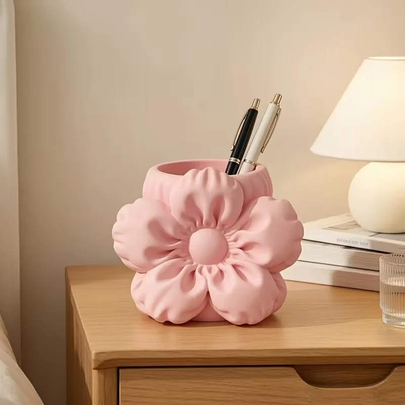 Pink 3D Flower Pen Holder Resin Makeup Brush Storage Vase Cute Floral Desk Organizer Bedroom Office Table Decor Gift 3D print