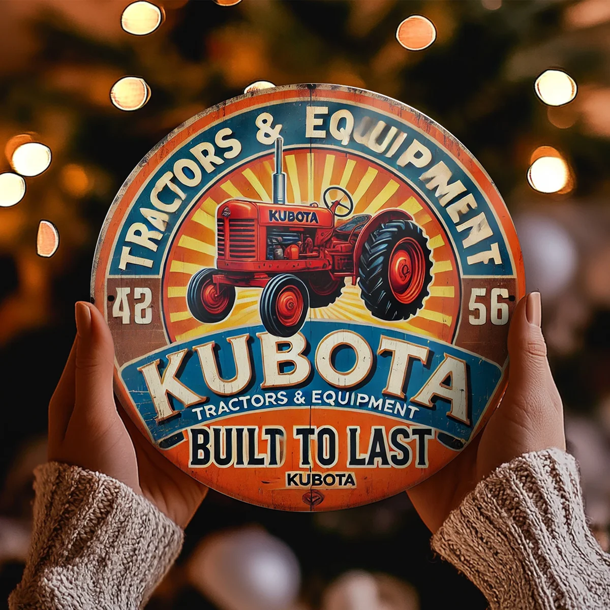 2D Flat, 1pc Kubota Vintage-Inspired 20.32cm Round Aluminum Wall Art - Retro Tractor Design with Vibrant Orange & Yellow Sunburs