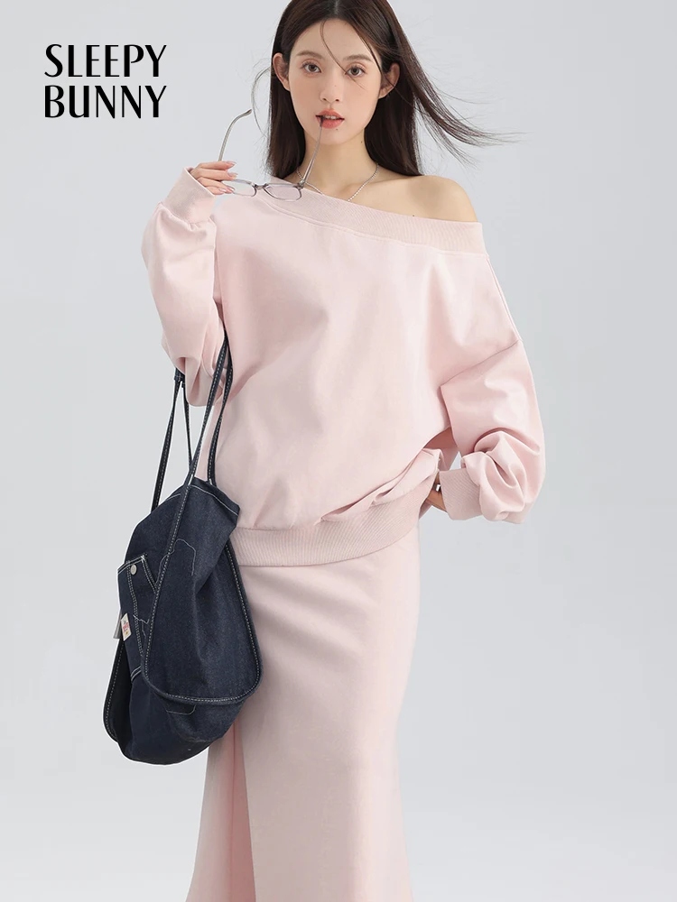 Women Spring Fashion Off-Shoulder Sweatshirt & Mermaid Skirt Set Relaxed Fit Soft Elegant Sweatshirt Flattering Stylish Skirt