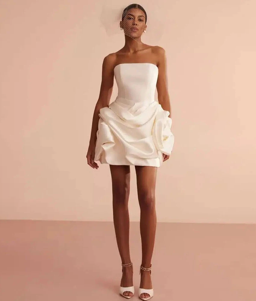 

MCDV Customized Sexy Satin Straight 3D Flowers Evening Dress Temperament Strapless Sleeveless Women Wedding Gowns Custom Size