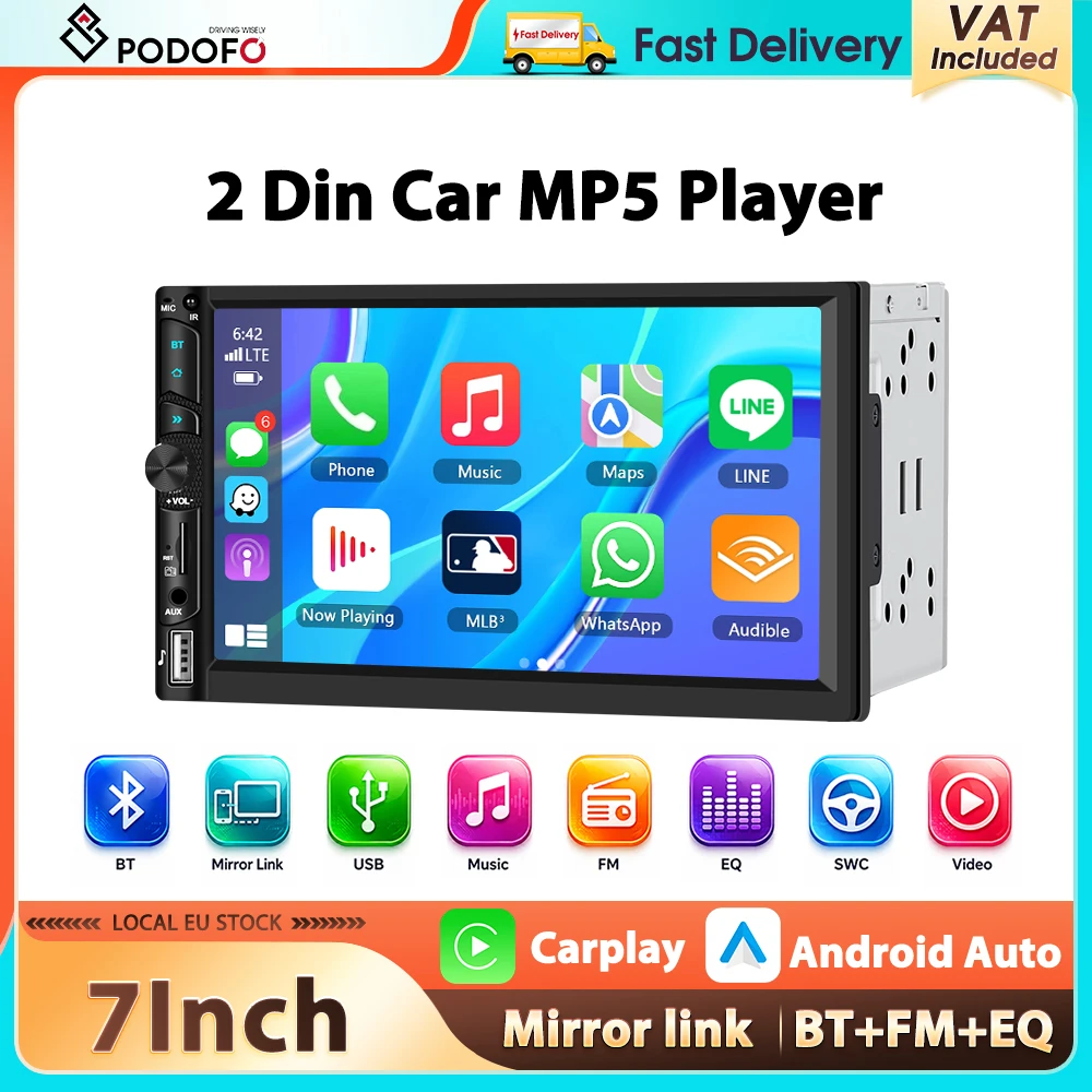 Podofo 2Din 7'' Autoradio Kabelloses Carplay Android Auto Multimedia-Player Bluetooth FM SWC Farbige Hintergrundbeleuchtung AUX EQ Sound Auto-Stereoanlage