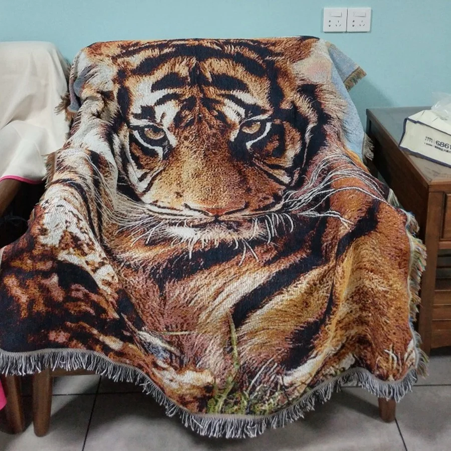 Textile City Ins Animal Tiger Head Pattern Blanket American Retro Home Decor Tapestry Sofa Cover Throw Thick Outdoor Camping Mat