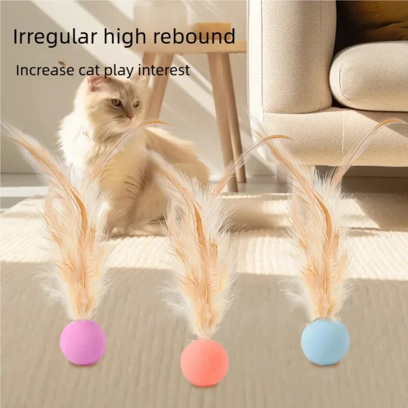 Soft Non Toxic Elastic Feather Bouncy Ball For Cats Interactive Kitten Self Play Chase Toy Relieve Boredom Indoor Pet Supplies