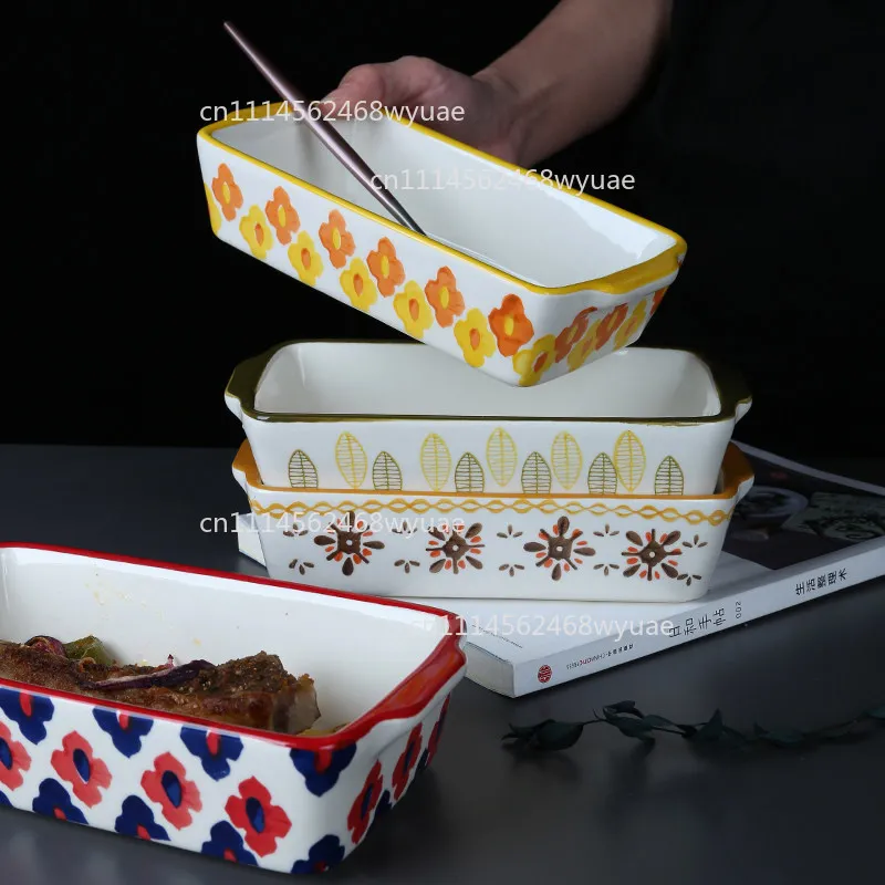 8 Inch Large Hand-painted Colorful Multicolored Banquet Kitchen Cake Dinner Cooking Ceramic Rectangular Baking Dish Lasagna Pans