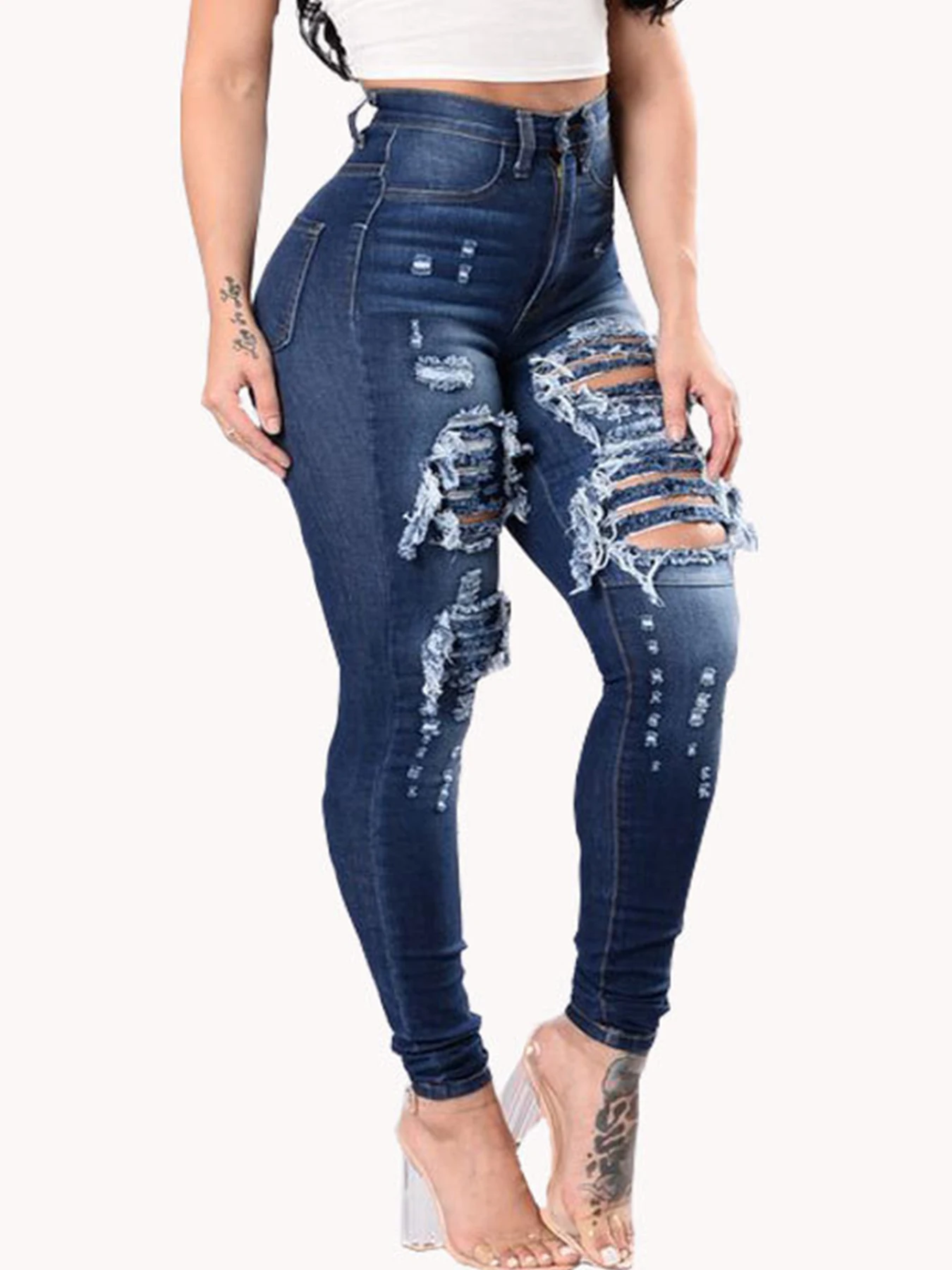 

Women's Trendy Fitted Washed Denim Jeans Slimming Capri Pants with Rips Fashionable Slim Fit Casual Leggings