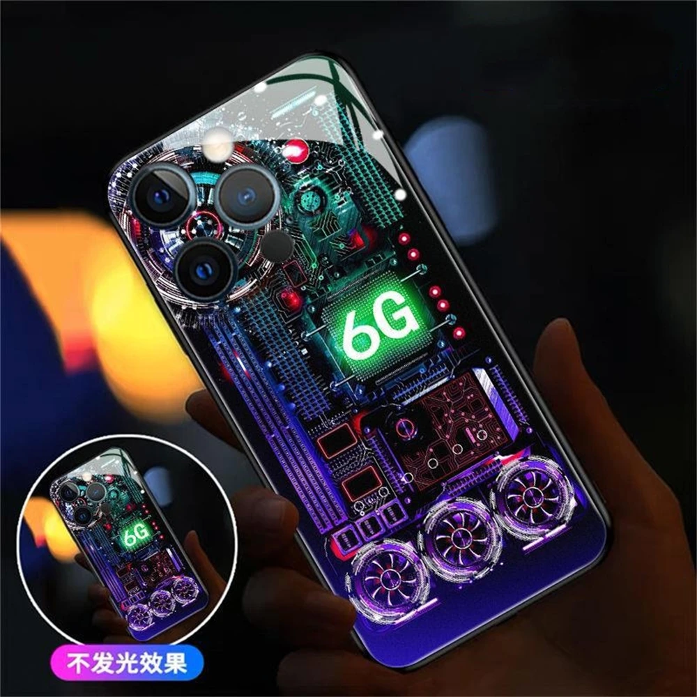 

6G Design LED Light Up Phone Case Tempered Glass Glitter Cover For iPhone 14 13 12 11 Pro Max Mini X XS XR SE2020 7 8 Plus