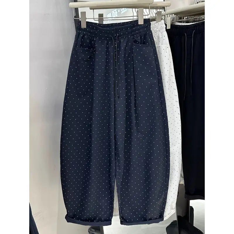 Pantalones de pierna ancha de lunares de gran tamaño para mujer Primavera Verano pantalones finos de cintura alta con cordón Casual rectos pantalones de cintura elástica para mujer
