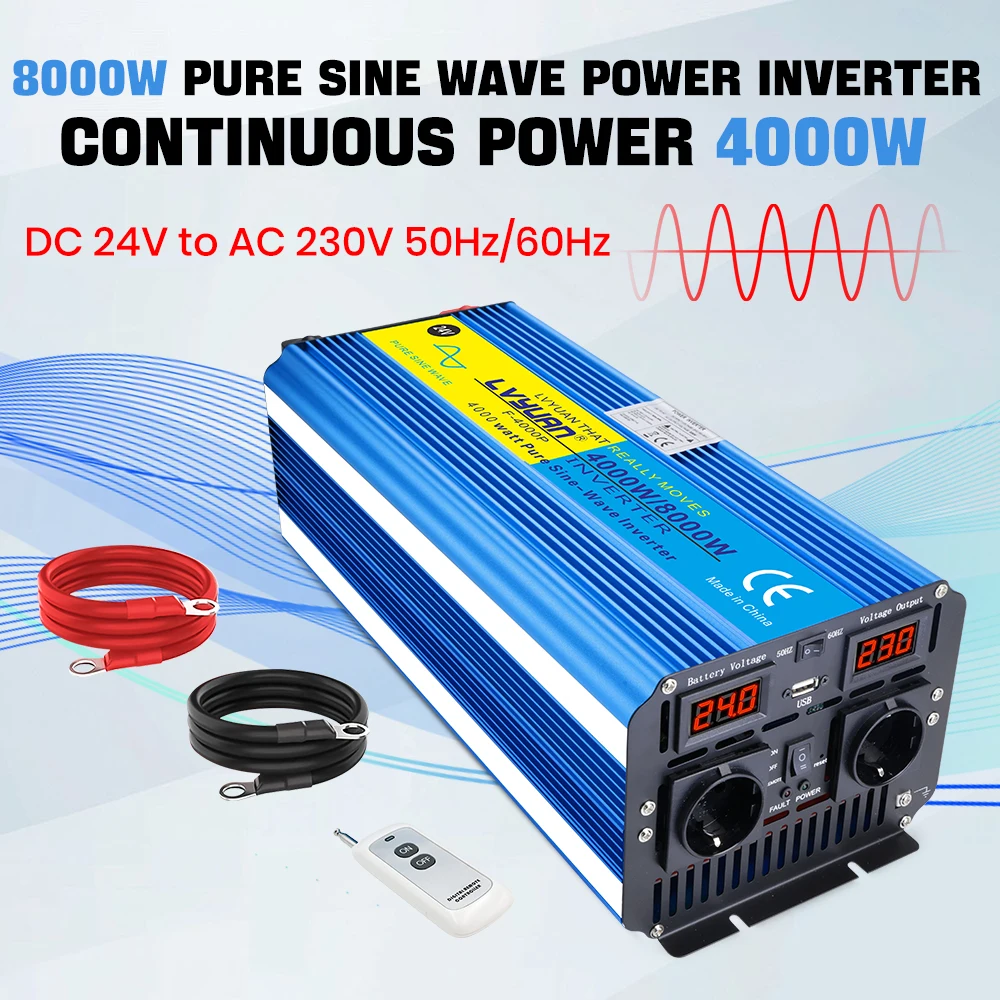 Inverter a Onda Sinusoidale Pura LVYUAN 12/24V DC a AC230V 50/60Hz 5000W-8000W Picco 2 Prese EU Display LED Telecomando per Camper, Camion, Roulotte, Casa