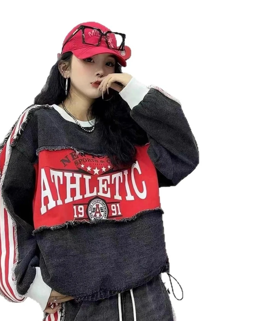 European Style Denim Sweatshirt for Women 2025 Autumn New Color-Block Letter Print Frayed Hem Drawstring Tops Streetwear Women