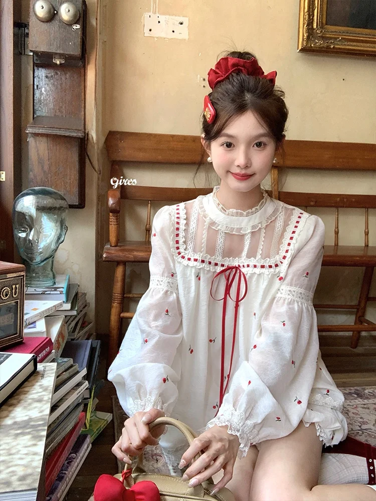 

Летний винтажный комплект с принтом вишневого цвета: рубашка с длинным рукавом и юбка, женский модный костюм из двух предметов, шорты с круглым вырезом