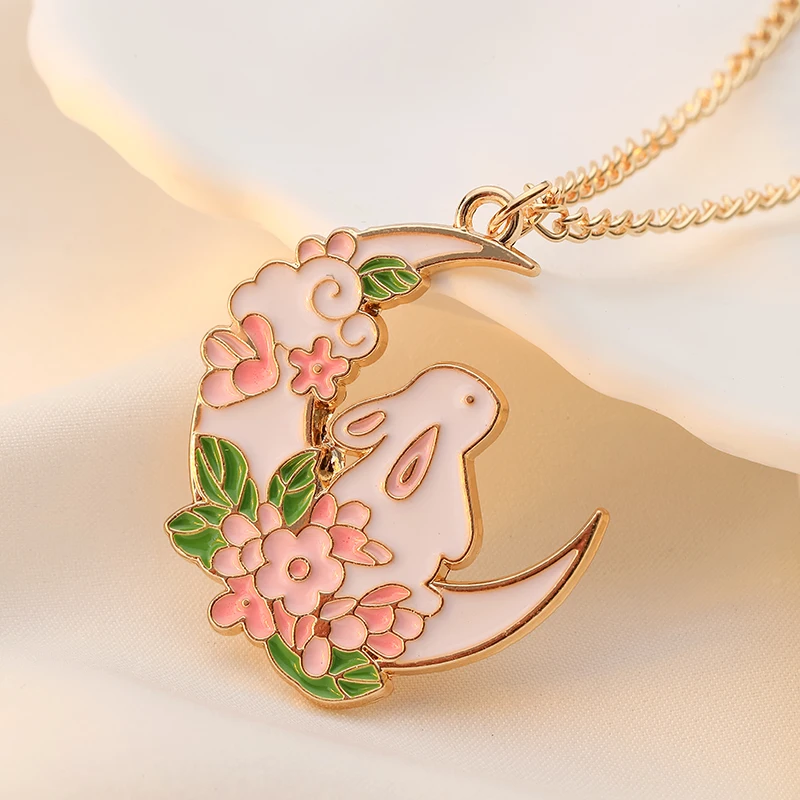 Cute Rose Moon Bunny Necklace For Kids Children Fashion Cartoon Rabbit Necklace Pendant Jewelry DIY Accessories Girlfriends Gift