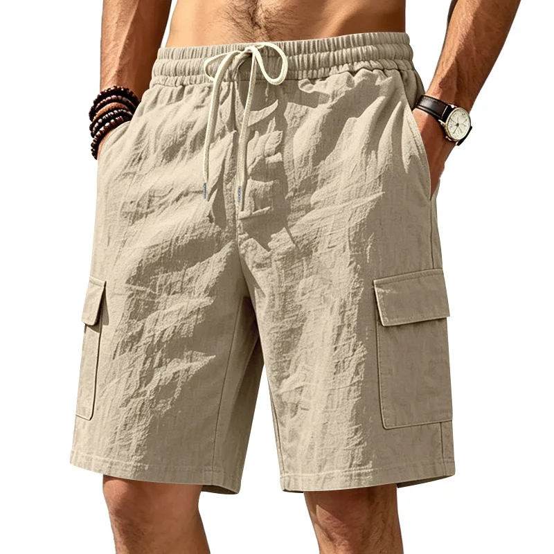 American Multi-Pocket Overalls Men's Outdoor Sports and Leisure Loose Solid Color Linen Overalls Five-Point Shorts