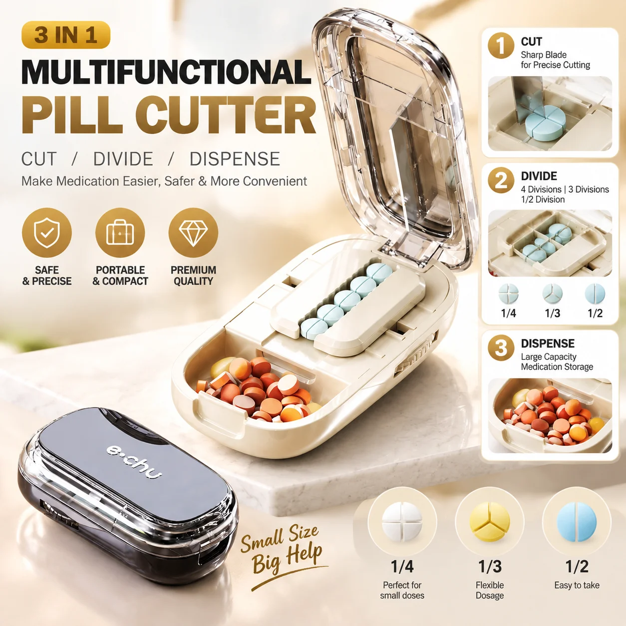 Pill Cutter Splitter 1/4 1/3 1/2 Portable Tablet Divider Box BPA Free Precise Multi Size For Travel Home Elderly