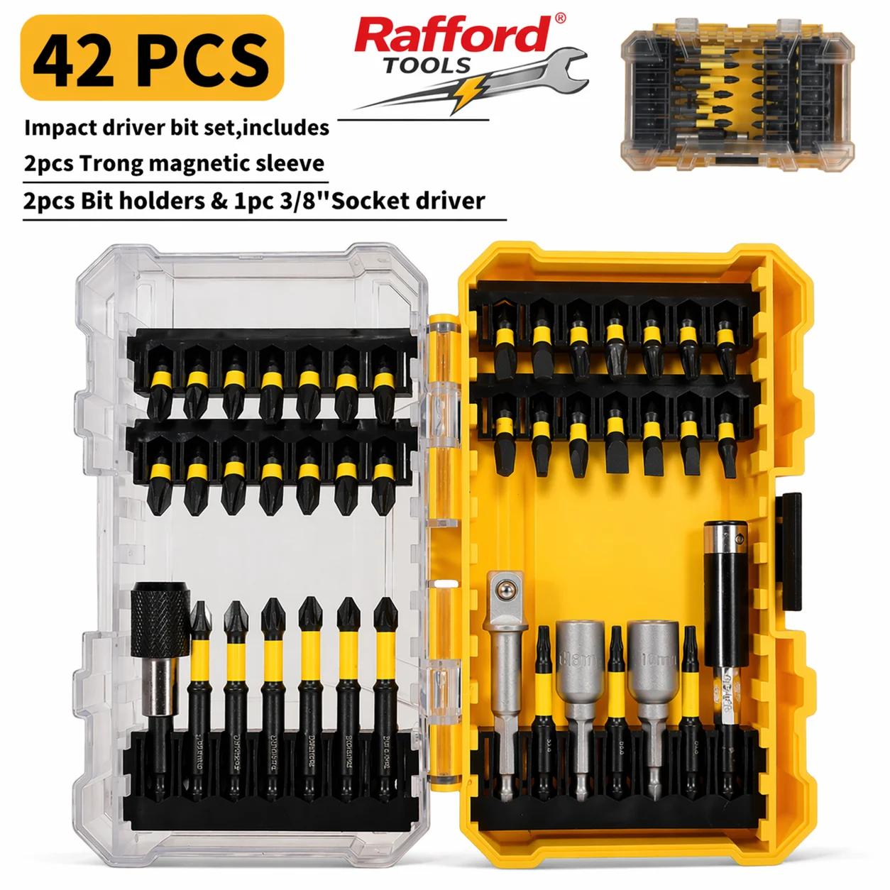 

Набор ударных отверточных насадок Rafford, 42 шт., магнитные биты из стали S2 с держателями для бит и торцевым ключом 3/8 дюйма