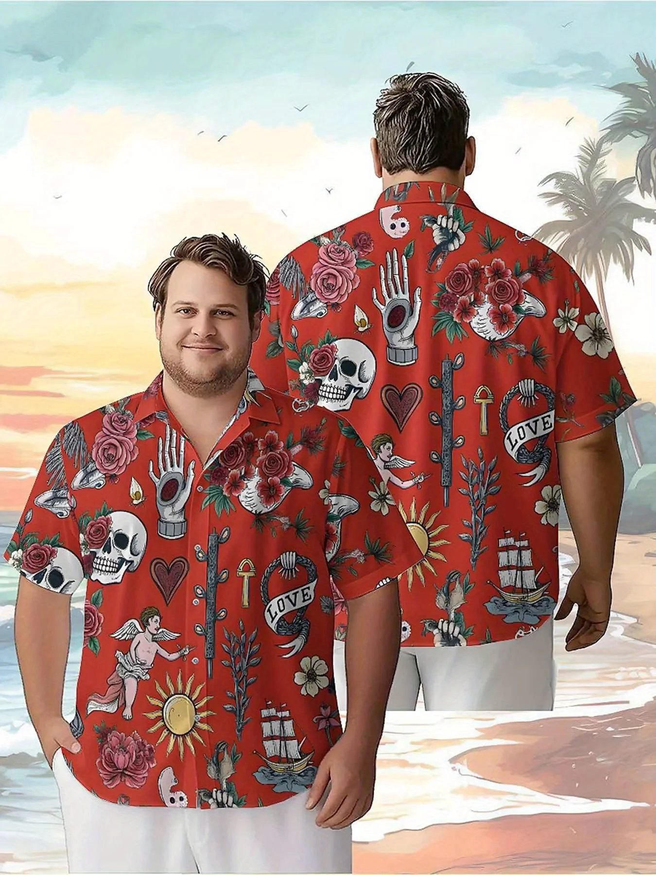 

Men's Plus Size Hawaiian Shirts Love and Roses pattern, Summer Casual Tops, Suitable for Outdoor and Party, Streetwear