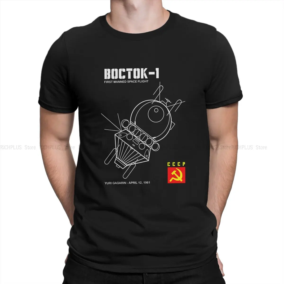 Russian USSR CCCP Newest TShirt for Men Vostok 1 Spacecraft Round Collar Polyester T Shirt Personalize Gift Clothes OutdoorWear