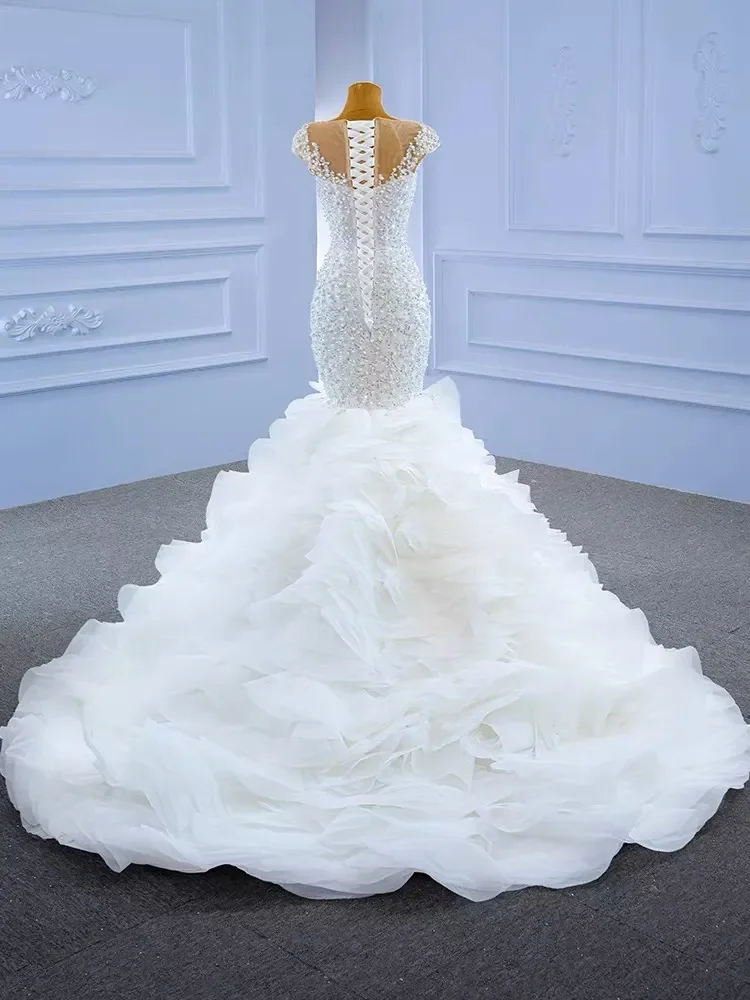 Robe de Mariée Sirène en Dentelle Perlée, Luxueuse Tenue à Volants en Organza, avec Perles, pour les Patients de la Mariée Arabe de Dubaï, 2024