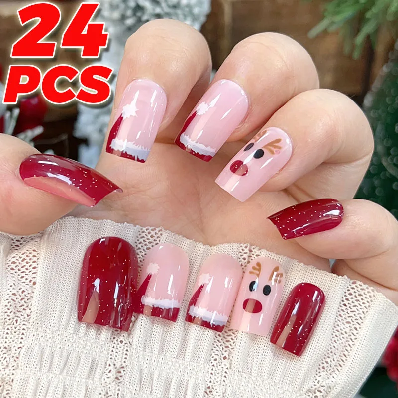 Christmas Cute Snowman False Nail Press on Full Short Nails Tips 24Pcs Elk Pattern Design DIY Manicure Red Fake Nails Art Tools