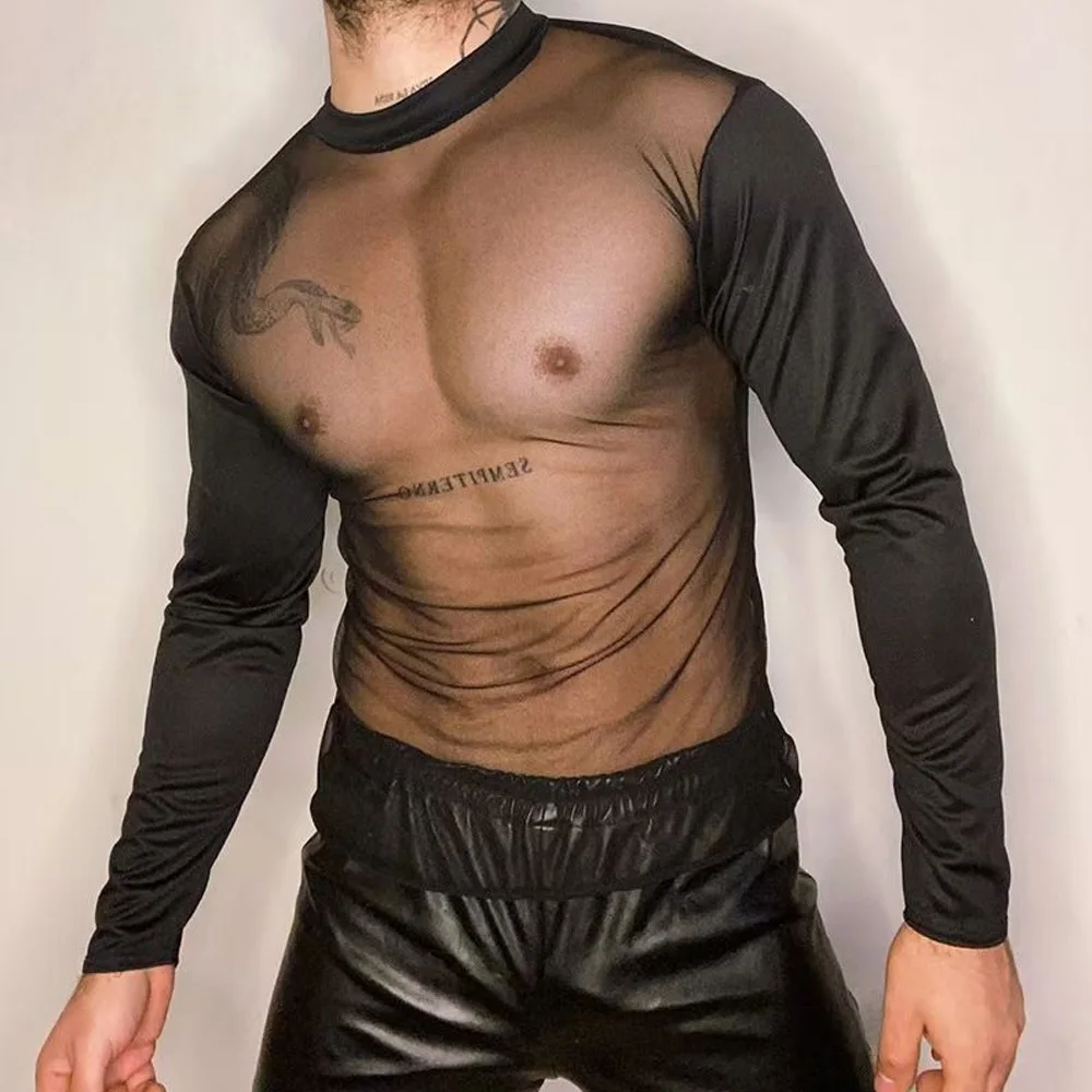 Men's Nightclub See-Through Mesh Slim Fit Breathable Stretch Sexy Black Long-Sleeve T-Shirt 2026 New