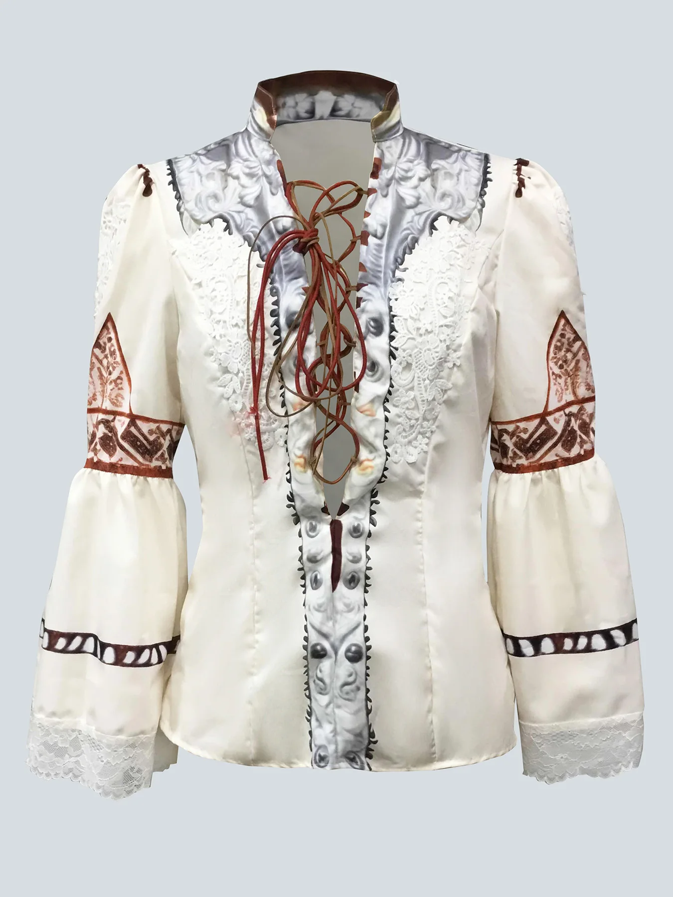 Eleganckie damskie topy Western Print Lace Up V Neck Flare Sleeve Shirt Lace Patchwork Long Sleeve Design Vintage Blouse