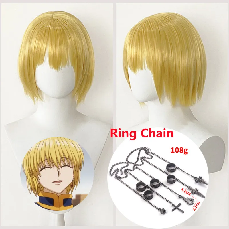 Anime HUNTER×HUNTER Cosplay Kurapika Wig Heat Resistant Synthetic Hair Kurapika Wigs + Wig Cap +Rings Chain Accessories