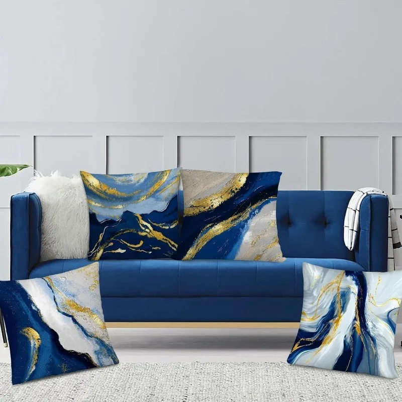Abstract Blue Gold Marble Print Throw Pillow Covers 4 Piece Set Luxury Modern Wave Design Geometric Cushions Home Decor