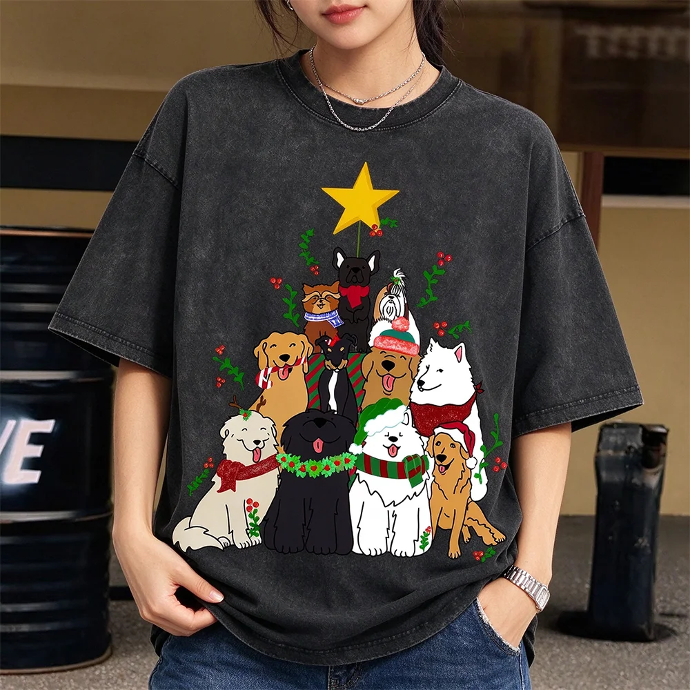 Christmas Dog Tree Graphic T-shirt Unisex Vintage Washed Short Sleeve Tee Cute Multi Breed Dog Print Casual Oversized Tops