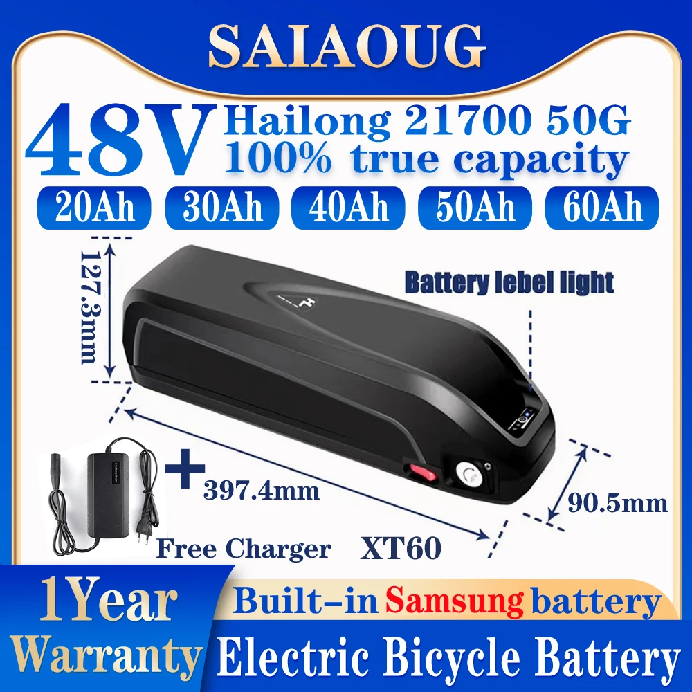 Ebike Battery Hailong  Max 48V 30AH 35Ah 45Ah50 60Ah 21700 Lithium Electric Bicycle Batteria for 2000W 750W 500W 350W 250W Motor