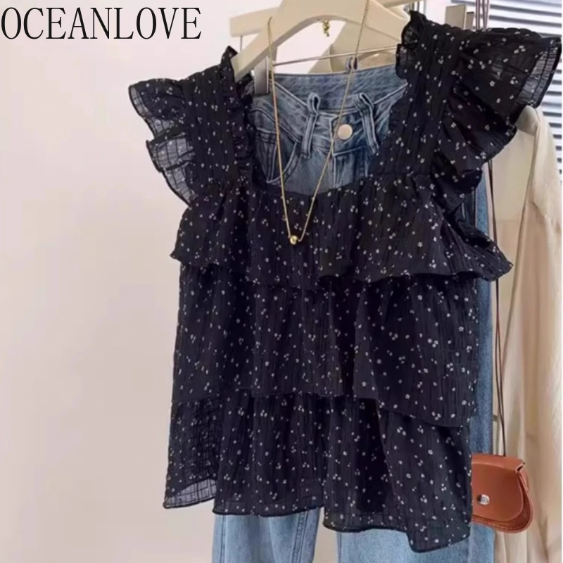 

OCEANLOVE Chiffon Blouses Women Tops Ruffles Spring Summer Square Neck Sweet Shirts Korean Fashion Floral Short Blusas Mujer