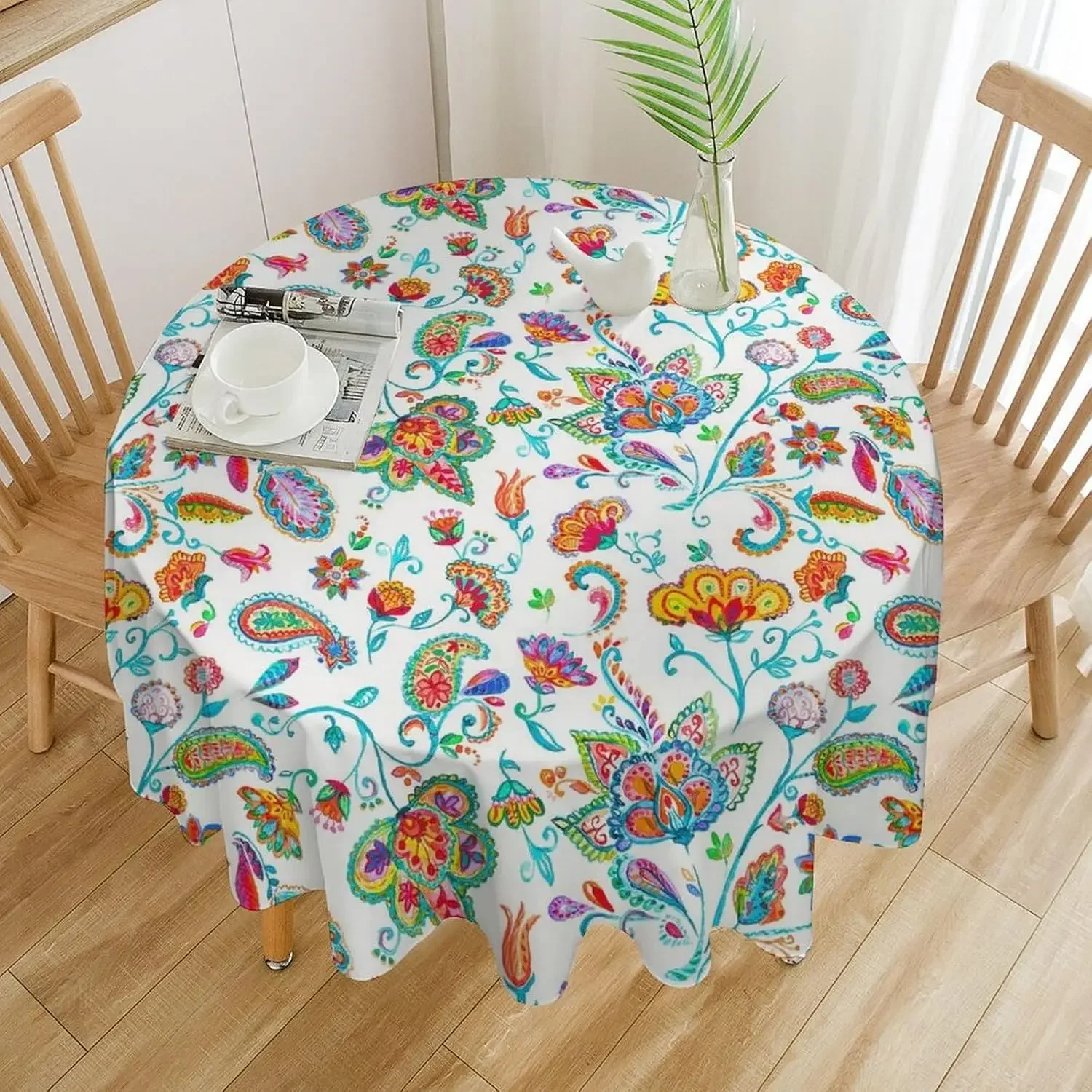 Watercolor Floral Paisley Circle Tablecloth - Oriental Indian Traditional Leaf Picnic Party Cover