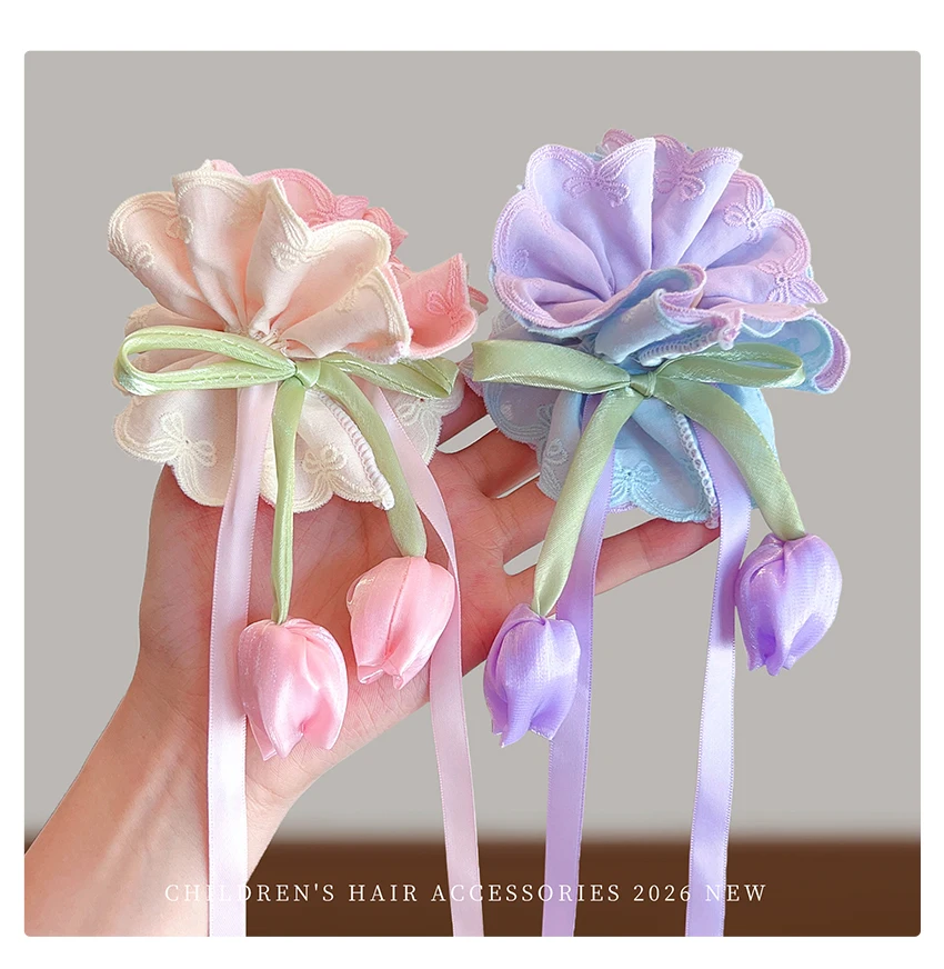 Neue bestickte Tulpen-Haarschleifen: Süße Prinzessinnen-Haargummis, schonend für das Haar, hohe Elastizität für Baby-Mädchen und Kleinkinder – Haar-Accessoires – Detail 8