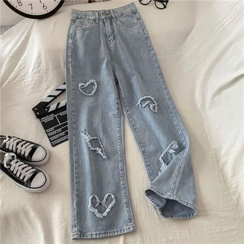 Heart Ripped High Waist Embroidery Jeans Denim Ankle-Length Pants Retro Wide Leg Pant Women Y2k Streetwear Chic Summer Belt